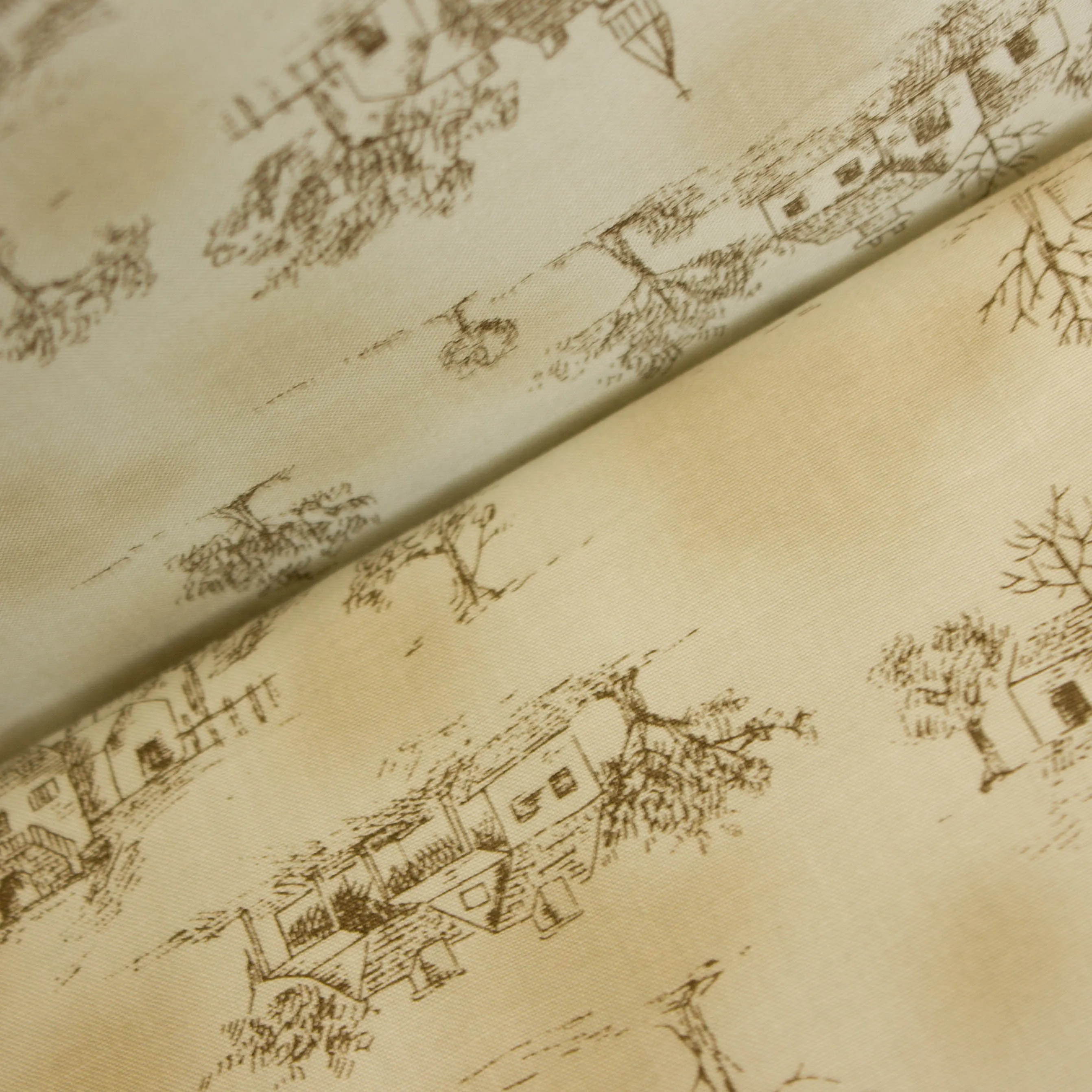 Katoen beige met dorpstaferelen